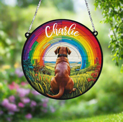 Labrador Chocolate Rainbow Bridge Personalised Stained Glass Effect Suncatcher